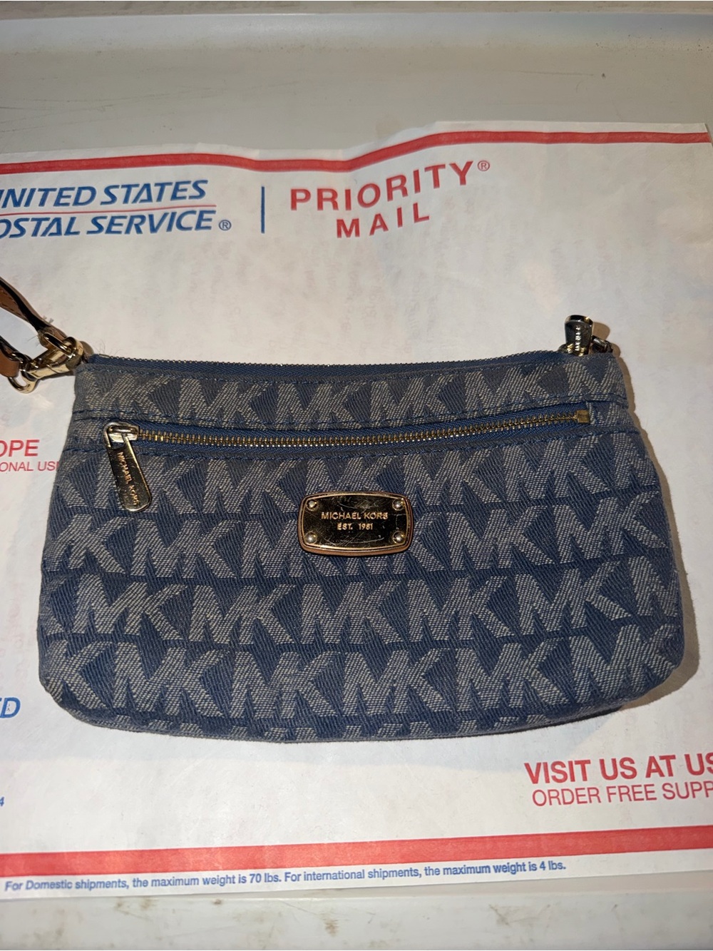 Michael Kors Denim MK Monogram Wristlet Clutch with Tan Strap - Picture 5 of 6